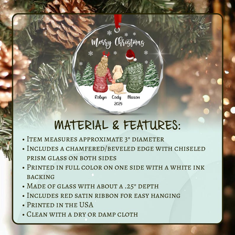 Couple & Dog Name Crystal Glass Ornament