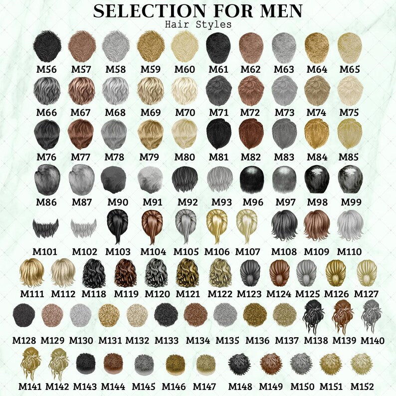A digital chart titled SELECTION FOR MEN Hair Styles displaying a grid of various illustrated hairstyles in different colors and textures, each labeled with a unique code ranging from M56 to M152 for identification and selection.