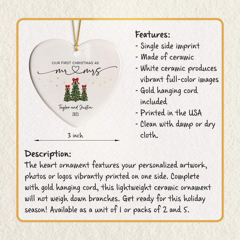 A white heart-shaped ceramic ornament measuring 3 inches wide, featuring a gold hanging cord.