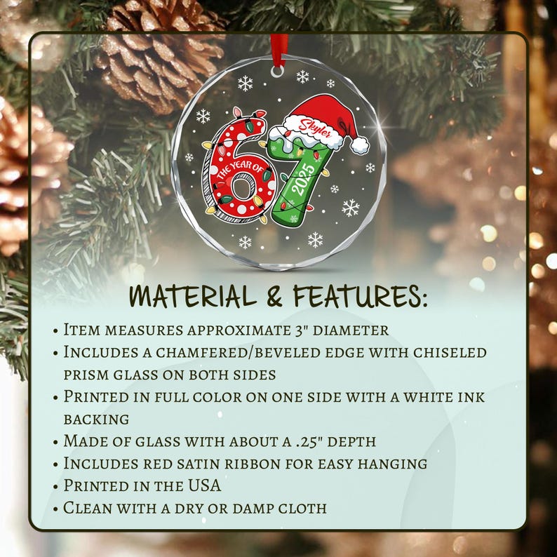 A circular glass Christmas ornament with a beveled edge, measuring 3 inches in diameter and 0.25 inches in depth. It features a red satin ribbon and a graphic of the number 67 with a Santa hat, the name Skyler, and the year 2025.