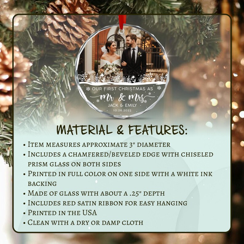 A circular glass Christmas ornament with a beveled edge and red ribbon. It features a photo of a couple, the text "OUR FIRST CHRISTMAS AS MR & MRS", "JACK & EMILY", and "10.26.2025".