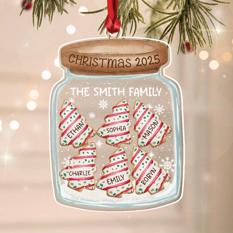 A flat, jar-shaped Christmas ornament featuring a brown lid labeled CHRISTMAS 2025.