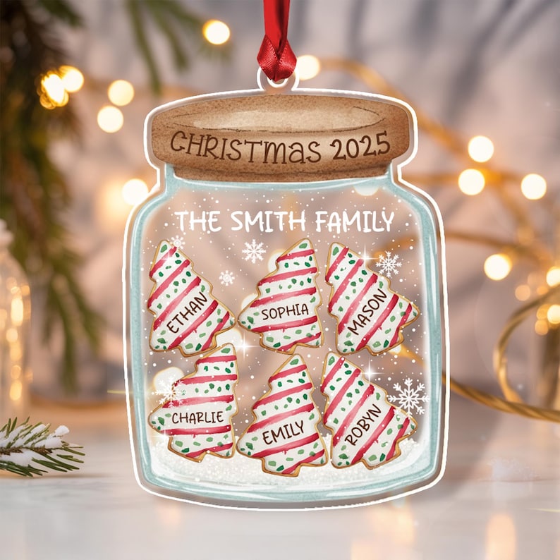 A flat, jar-shaped Christmas ornament featuring a brown lid labeled CHRISTMAS 2025.