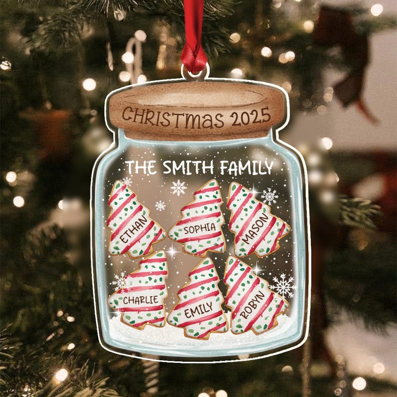 A flat, jar-shaped Christmas ornament featuring a brown lid with the text CHRISTMAS 2025.