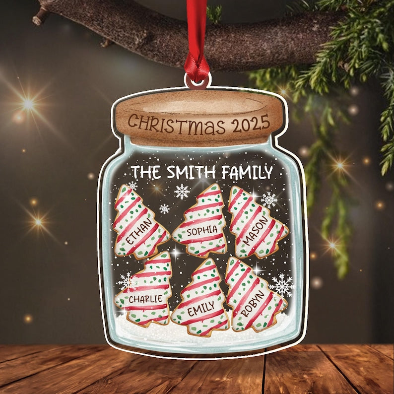A flat, jar-shaped Christmas ornament hanging from a red ribbon. The jar lid is brown with the text CHRISTMAS 2025.