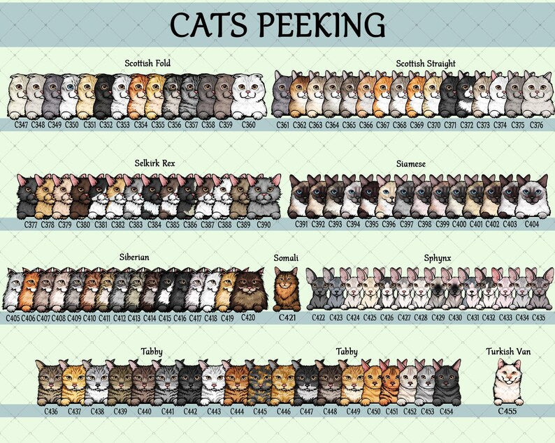 Illustration featuring various cat breeds, including Scottish Fold, Siberian, and Siamese. Each cat is depicted in a cartoon style, with a variety of colors and patterns. The text "CATS PEEKING" is at the top.