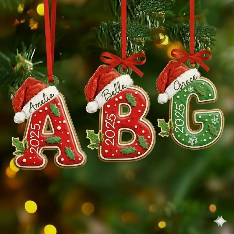 Three hanging Christmas ornaments shaped like the letters A, B, and G. Each letter features a red or green cookie-like texture with white dots, holly leaves, and a red Santa hat.