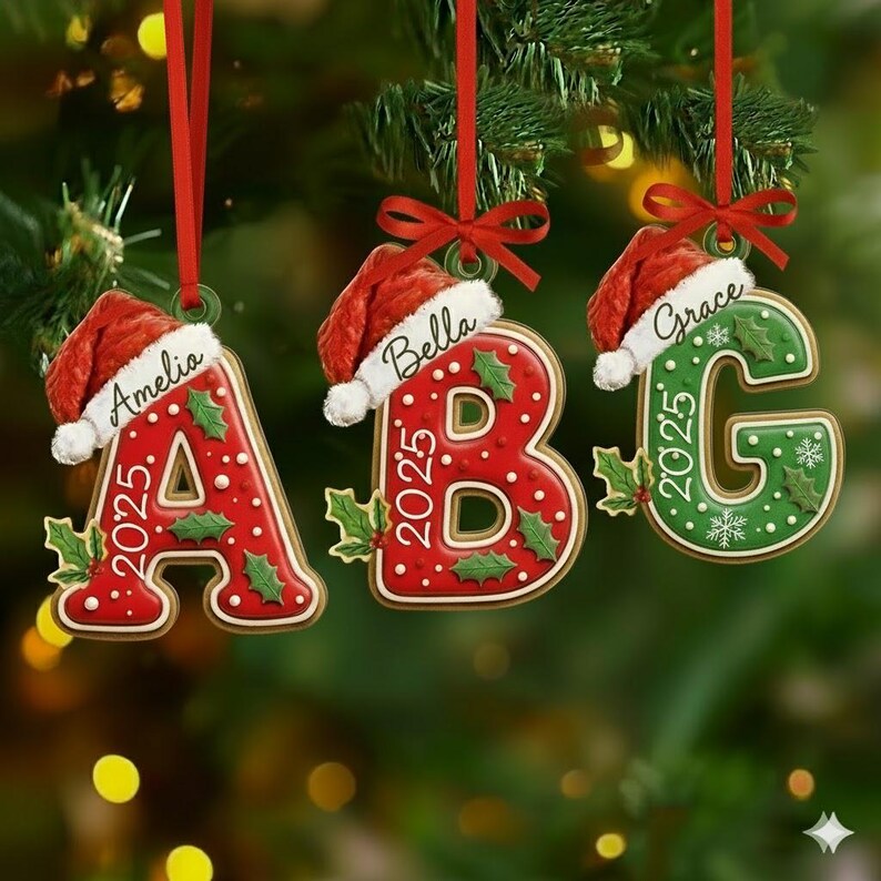 Three hanging Christmas ornaments shaped like the letters A, B, and G. Each letter features a red or green cookie-like texture with white dots, holly leaves, and a red Santa hat.