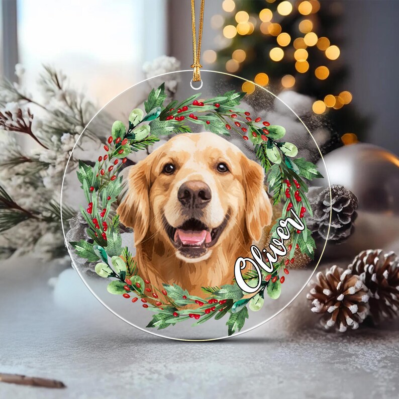 Dog Watercolor Wreath Photo Christmas Ornament