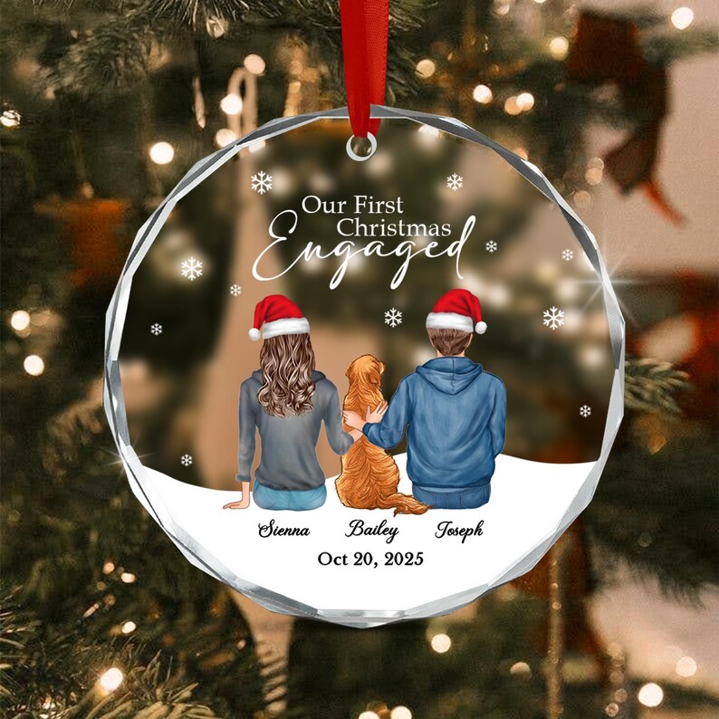 First Christmas Engaged Couple & Dog Ornament