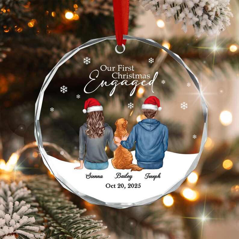 First Christmas Engaged Couple & Dog Ornament