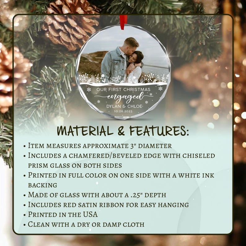 A circular glass Christmas ornament with a beveled edge and a red ribbon.
