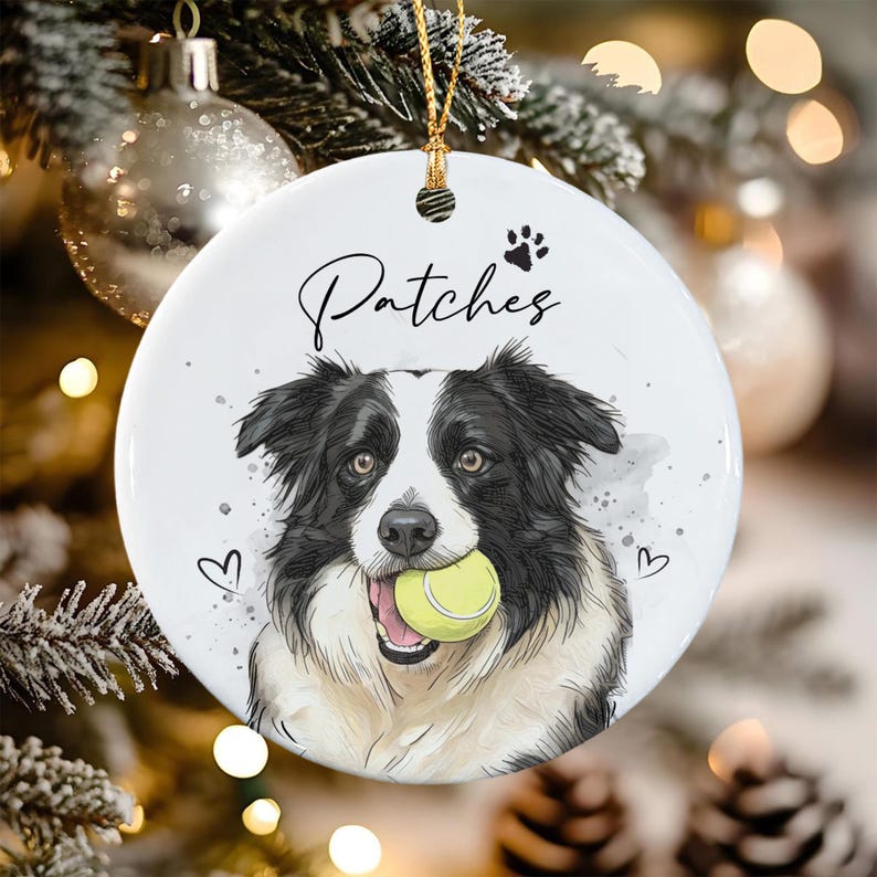 A round white ceramic ornament featuring a black and white Border Collie illustration holding a yellow tennis ball in its mouth.