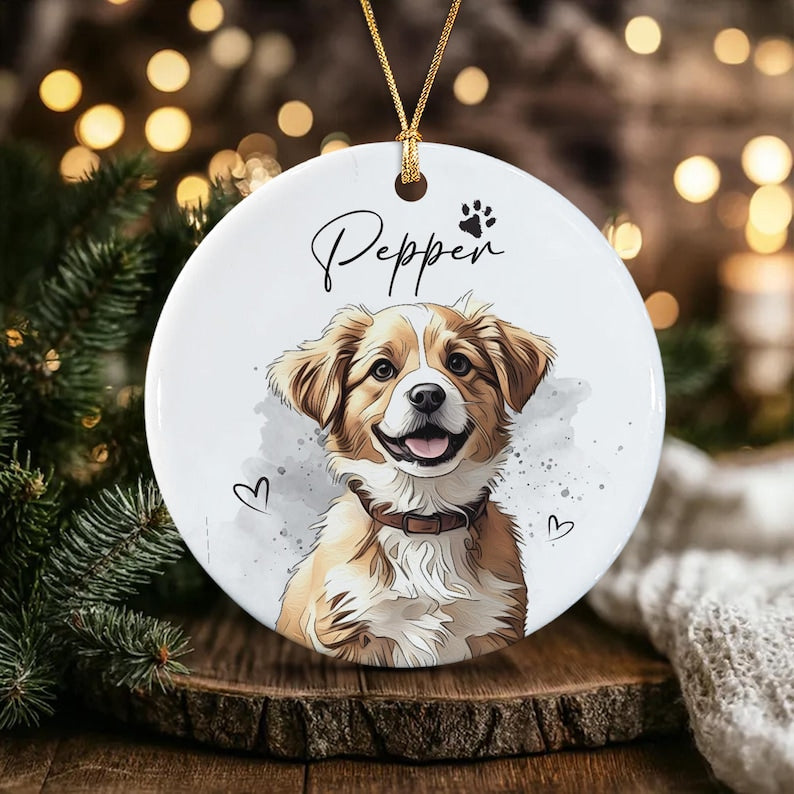 A round white ceramic ornament featuring a colorful illustration of a brown and white dog with a collar. The name Pepper is printed in black script above the dog, accompanied by a small paw print and two hand-drawn heart outlines.