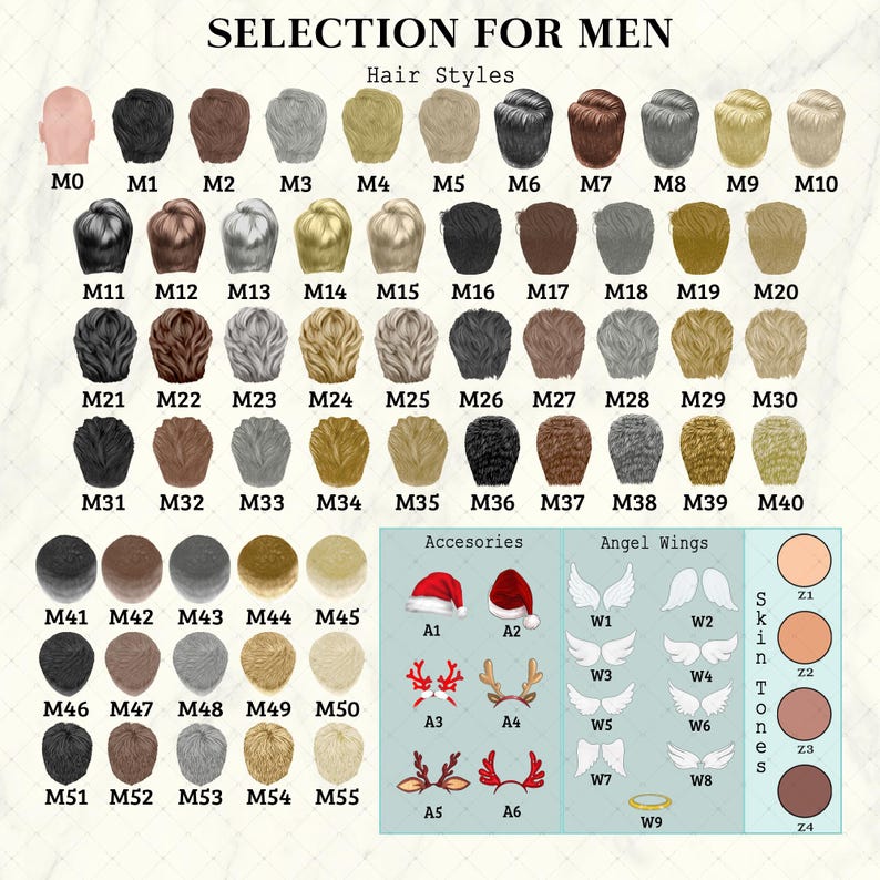 A selection chart for customization featuring various hair styles labeled M0 through M55, accessories labeled A1 through A6, angel wings labeled W1 through W8, a halo labeled W9.
