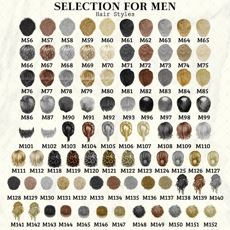 A digital chart titled SELECTION FOR MEN Hair Styles displaying a grid of various illustrated hairstyles in different colors and textures, each labeled with a unique code from M56 to M152, showcasing short, medium.
