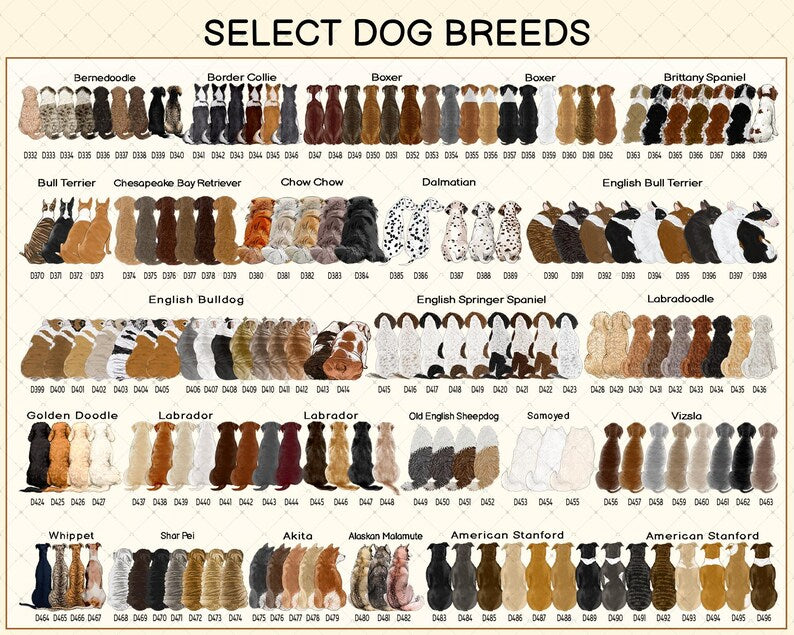 A digital chart titled SELECT DOG BREEDS displaying rows of illustrated dog backs in various colors and patterns. Each dog is labeled with a unique code like D332. The breeds include Bernedoodle, Border Collie, Boxer, and others.