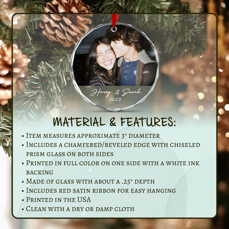 A circular glass ornament featuring a photograph of two people, with the text Harry & Sarah 2025 printed below.