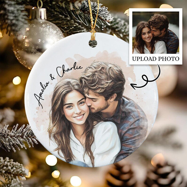 Couple Watercolor Portrait Christmas Ornament