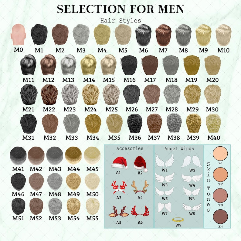 A selection chart for customization featuring various hair styles labeled M0 through M55, accessories labeled A1 through A6, angel wings labeled W1 through W8, a halo labeled W9, and skin tones labeled Z1 through Z4.