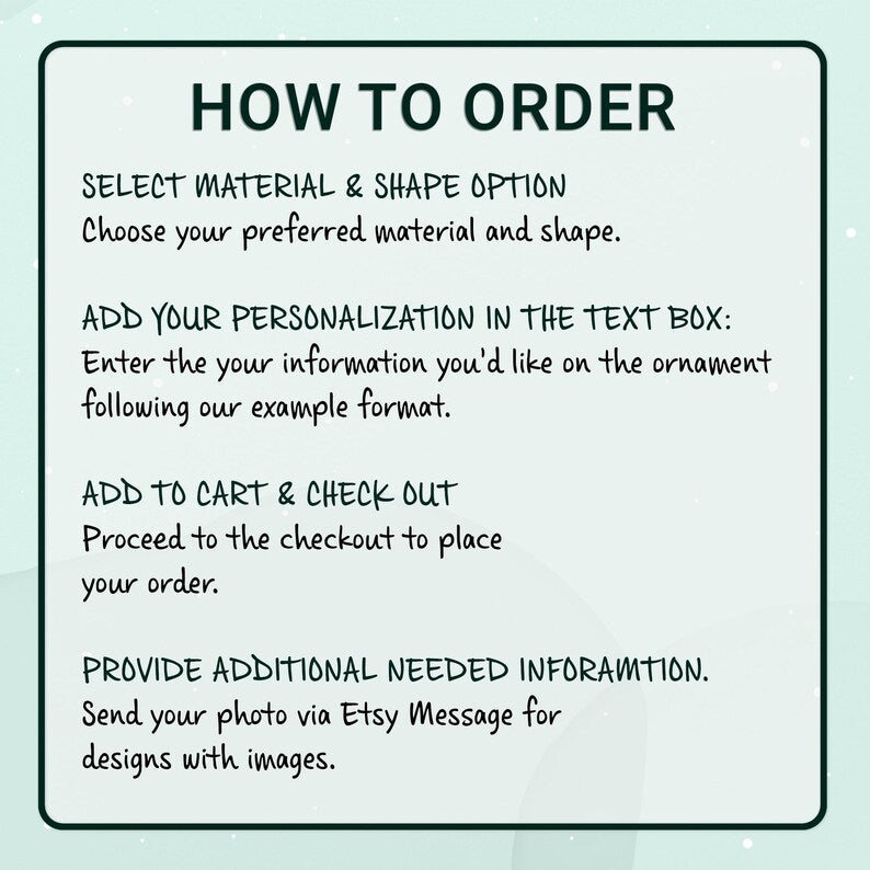 A rectangular instructional graphic with a light green background and dark green text titled HOW TO ORDER.