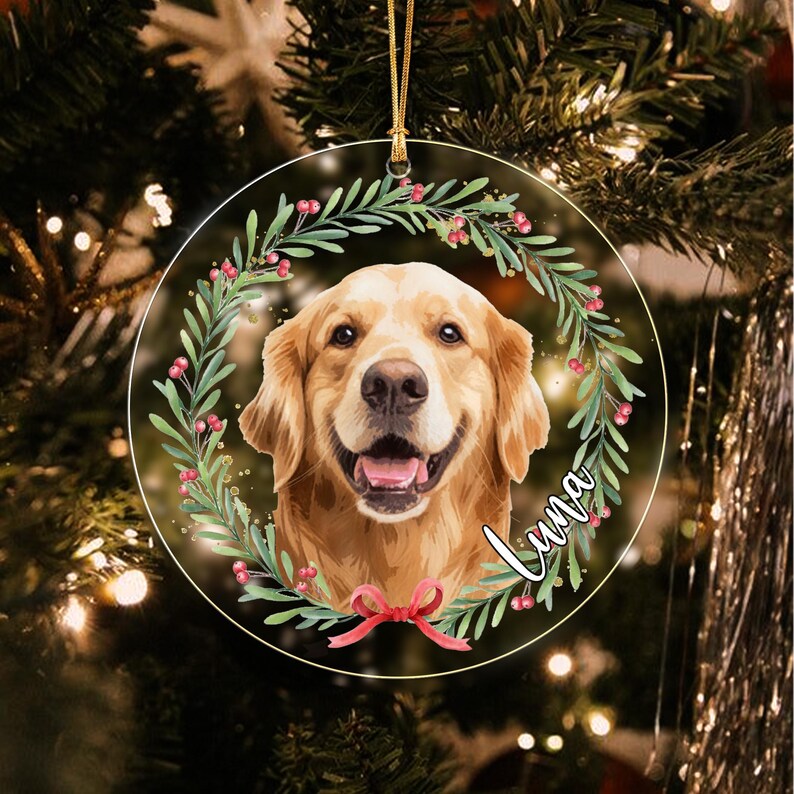 A circular Christmas ornament featuring a golden retriever portrait centered within a wreath of green leaves and red berries.