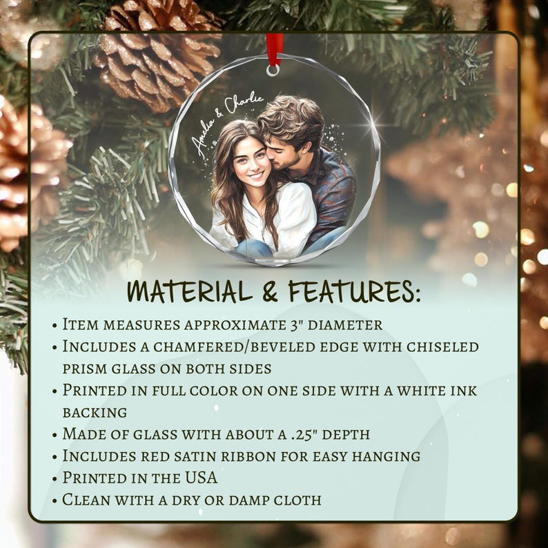 A circular glass ornament featuring a printed illustration of a couple with the text Amelia & Charlie. The ornament has a beveled edge, a 3-inch diameter, a 0.25-inch depth, and includes a red satin ribbon for hanging purposes.