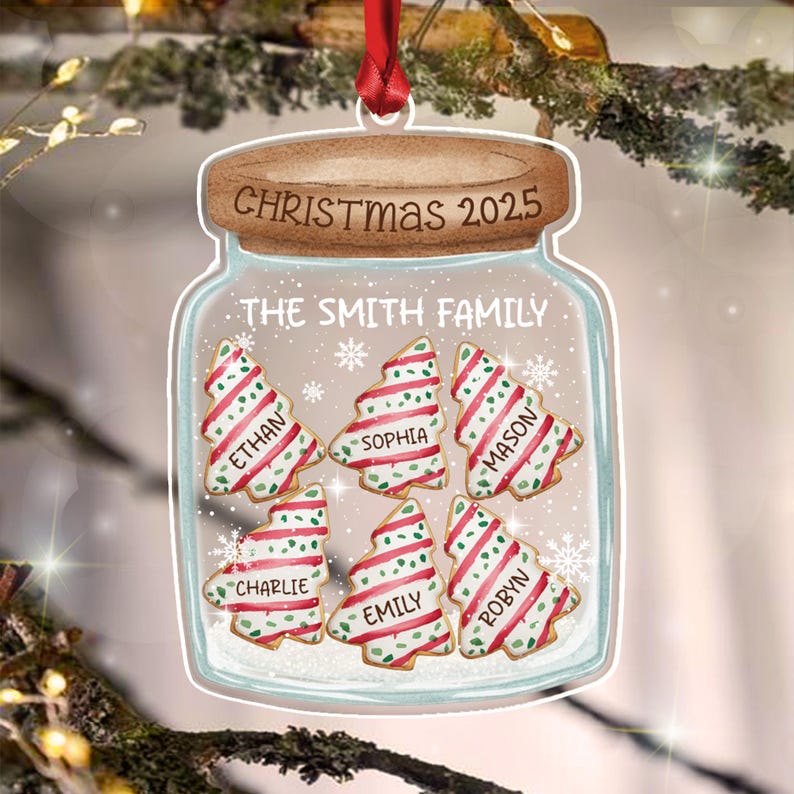 A clear glass jar ornament with a brown lid, featuring the text CHRISTMAS 2025 and THE SMITH FAMILY.