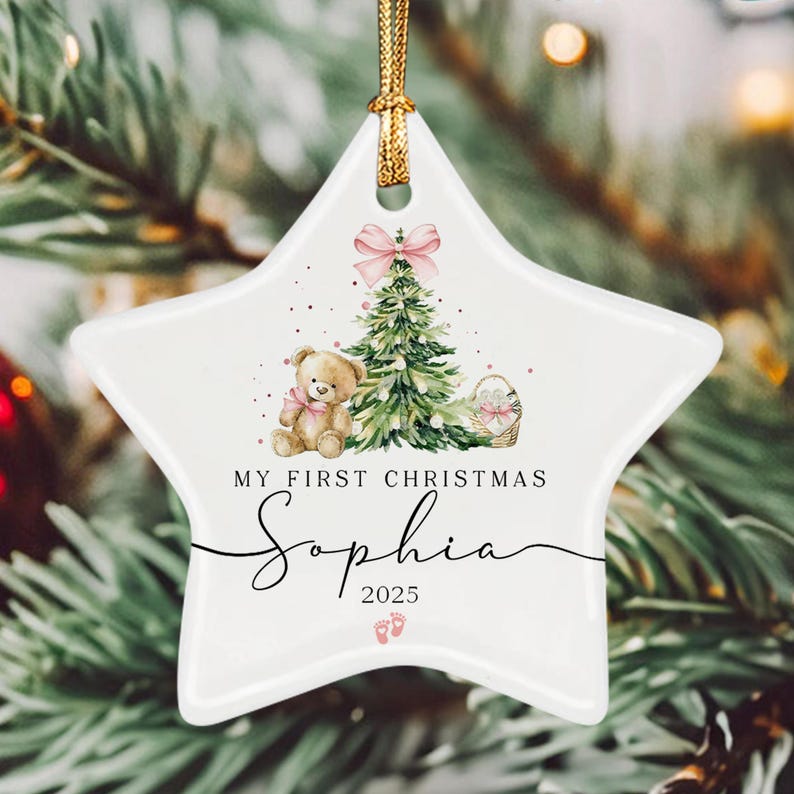 A white star-shaped ceramic ornament featuring a watercolor illustration of a teddy bear, a Christmas tree, and a basket.