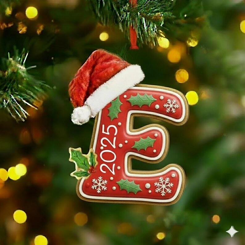 A red letter E Christmas ornament shaped like a cookie with white icing trim, decorated with green holly leaves, white snowflakes, and small white dots. The text 2025 is printed in white on the letter, topped with a red Santa hat.
