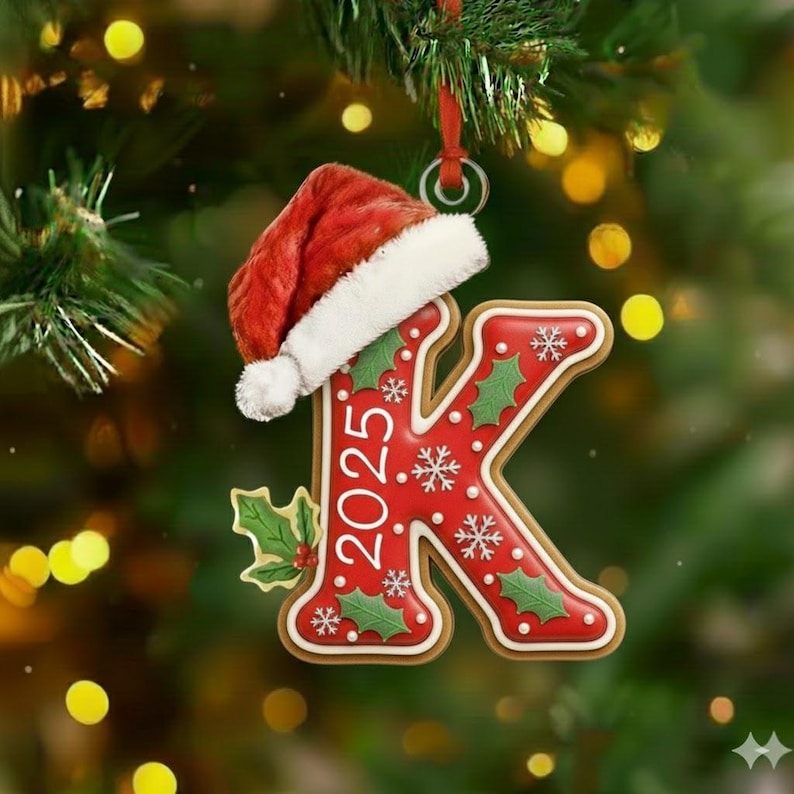 A red and white letter K Christmas ornament featuring a Santa hat on top, the year 2025 printed vertically, and decorative white snowflakes and green holly leaves with red berries. The ornament hangs from a red ribbon loop.