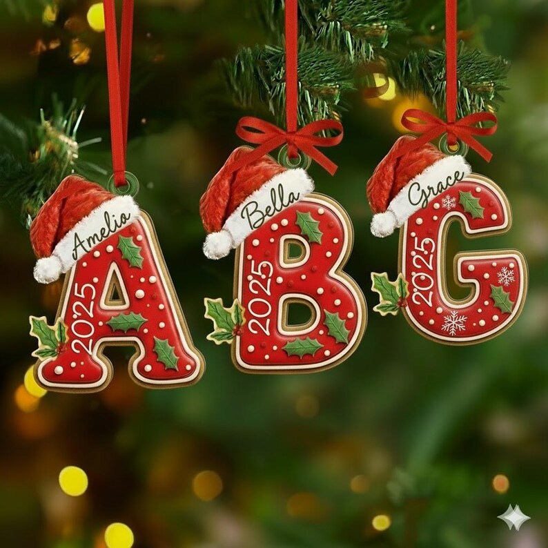 Three red, gingerbread-style letter ornaments shaped as A, B, and G. Each features a Santa hat, green holly leaves, white icing dots, and the text 2025. The letters are personalized with the names Amelia, Bella, and Grace.