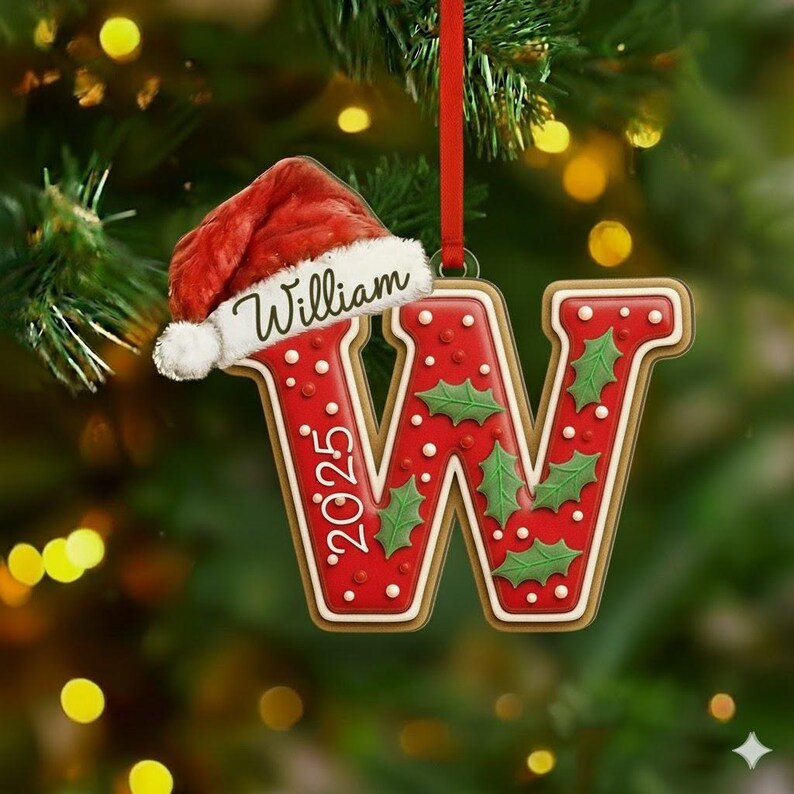 A letter W shaped Christmas ornament featuring a red gingerbread-style finish with white dots and green holly leaves.
