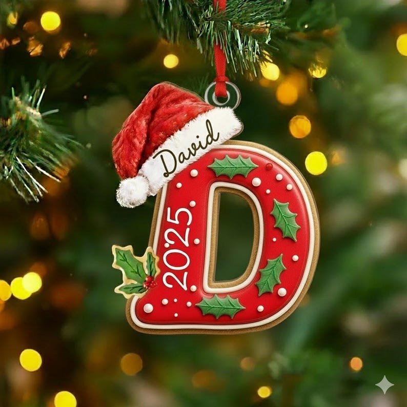 A red letter D Christmas ornament shaped like a cookie with white icing details, green holly leaves, and a red Santa hat on top.