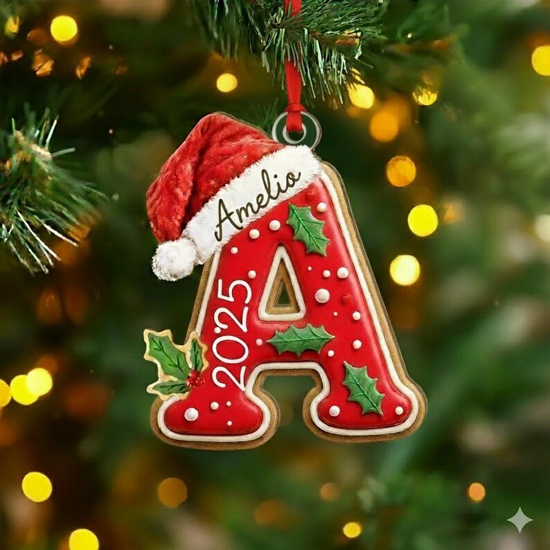 A letter A shaped Christmas ornament designed to look like a red frosted cookie with white icing trim.