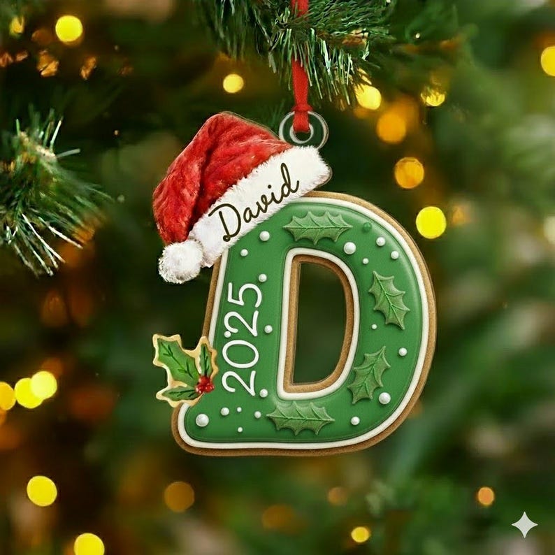 A green letter D Christmas ornament shaped like a cookie with white icing dots and holly leaf accents. A red Santa hat sits on top with the name David written in black script.