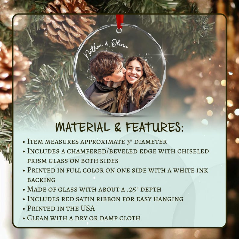 A circular glass ornament with a beveled edge and a red satin ribbon. The ornament features a printed photograph of a couple with the text Nathan & Olivia.