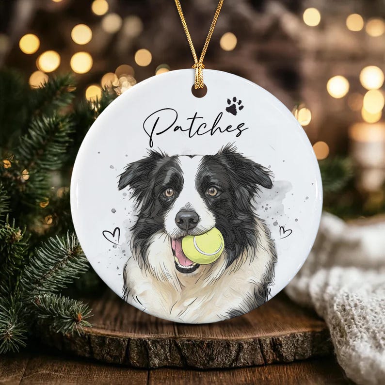 A round white ceramic ornament featuring a black and white Border Collie illustration holding a yellow tennis ball in its mouth.