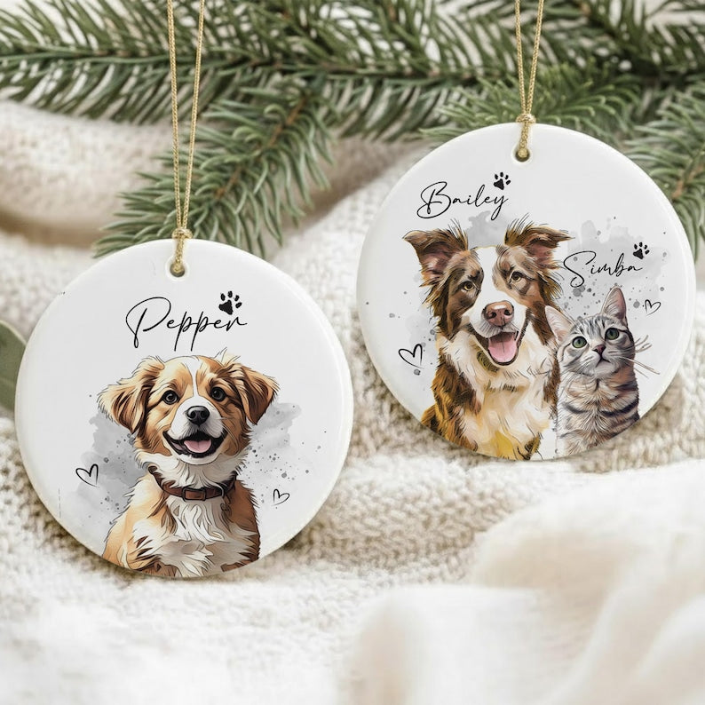Pet Watercolor Photo Christmas Ornament