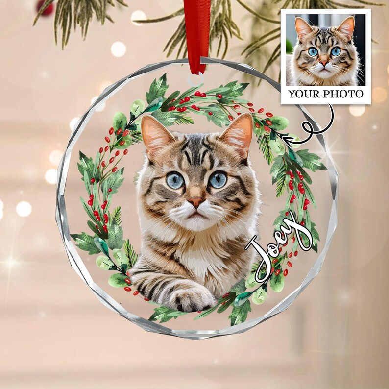 A circular clear acrylic ornament featuring a brown tabby cat with blue eyes centered within a green pine wreath with red berries. The name Joey is written in black script on the right side. A red ribbon is attached to the top.