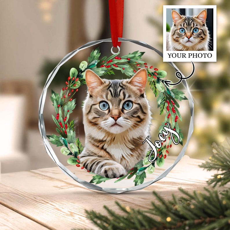 A circular clear acrylic ornament featuring a printed brown tabby cat with blue eyes centered within a green wreath with red berries. The name Joey is written in white script on the right side. A red ribbon is attached to the top.