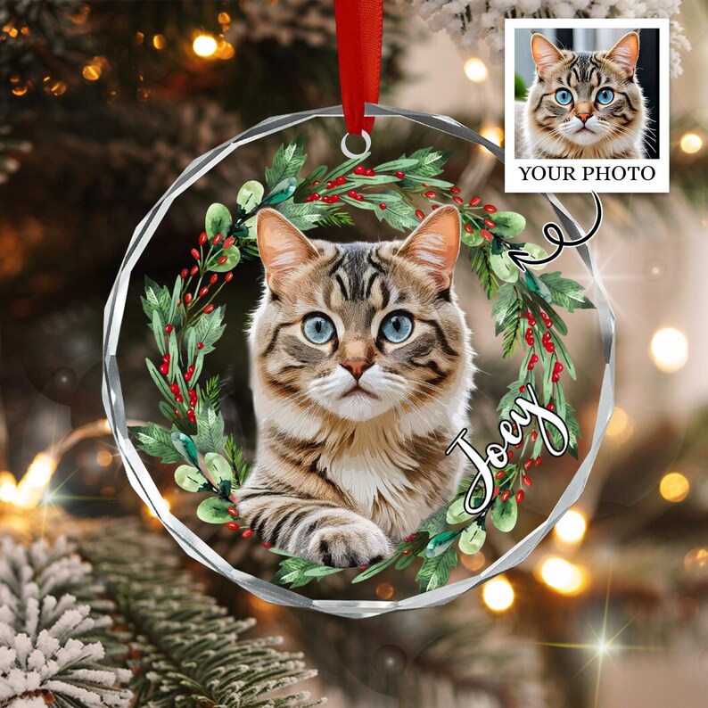 A circular glass ornament featuring a printed portrait of a brown tabby cat with blue eyes, surrounded by a green holly wreath with red berries. The name Joey is written in white script, and a red ribbon is attached to the top.