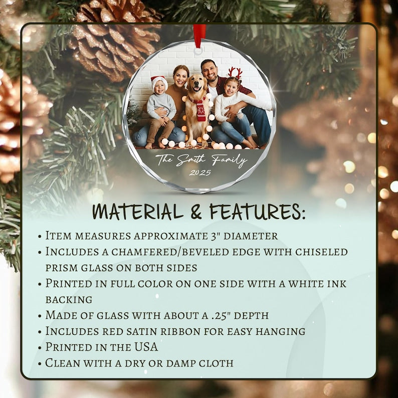 A circular glass Christmas ornament featuring a custom family photo, a red satin ribbon, and the text The Smith Family 2025.