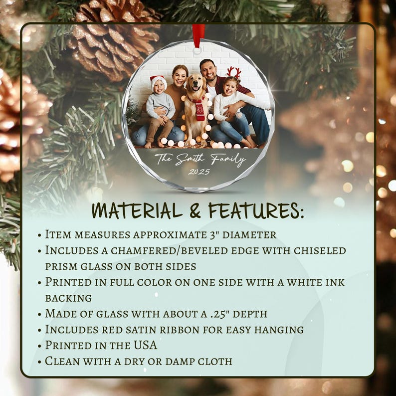 A circular glass Christmas ornament featuring a custom family photo, a red satin ribbon, and the text The Smith Family 2025.