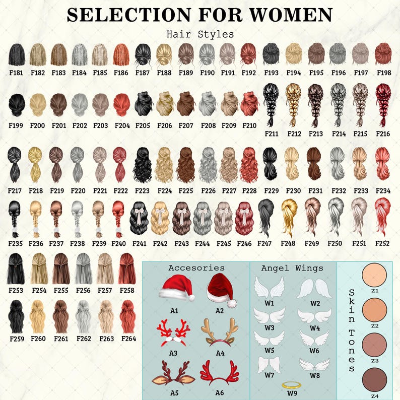 A digital chart titled SELECTION FOR WOMEN displaying various illustrated hair styles labeled F181 through F264, along with accessories including Santa hats, reindeer antlers, angel wings labeled W1 to W8, a halo W9.