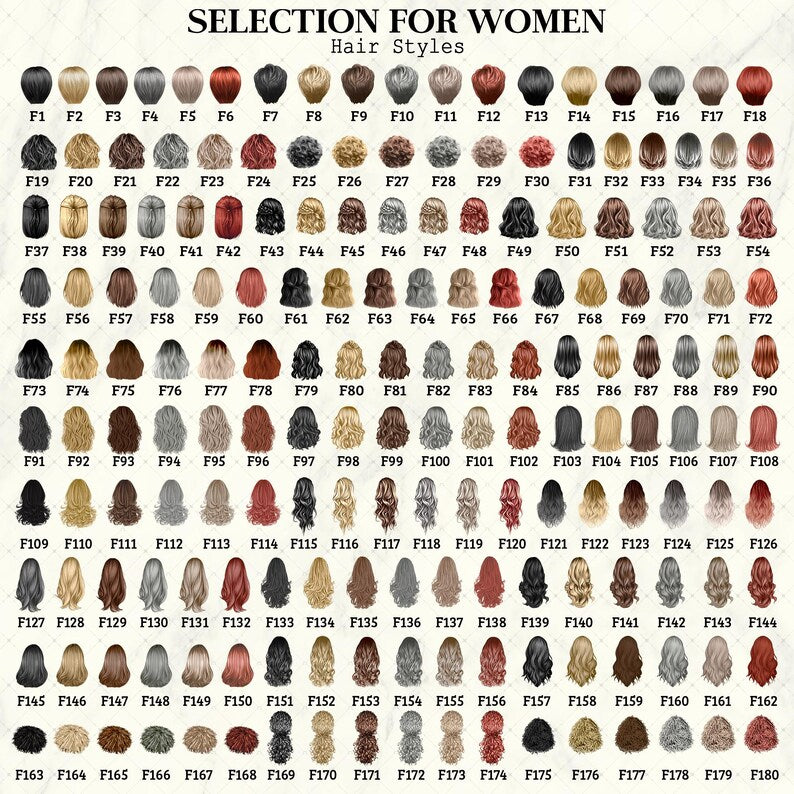 A digital chart titled SELECTION FOR WOMEN Hair Styles displaying 180 numbered illustrations of various hairstyles in diverse colors, lengths, and textures, arranged in a grid format on a light, marble-textured background.