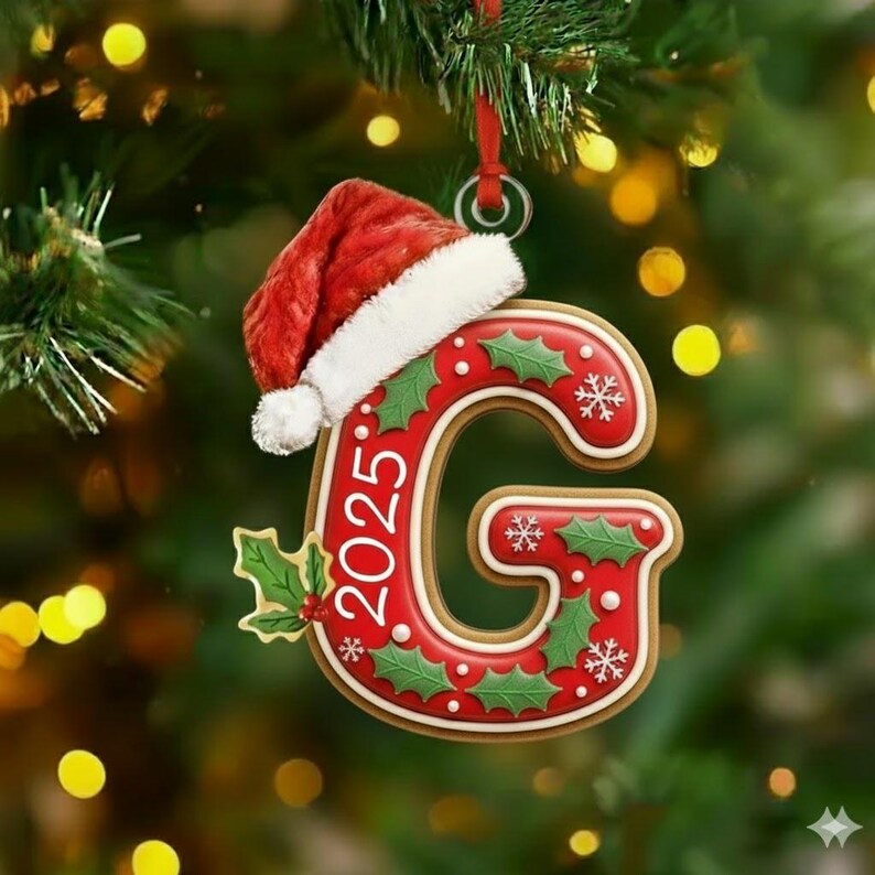 A red letter G Christmas ornament featuring a white-trimmed red Santa hat on top.