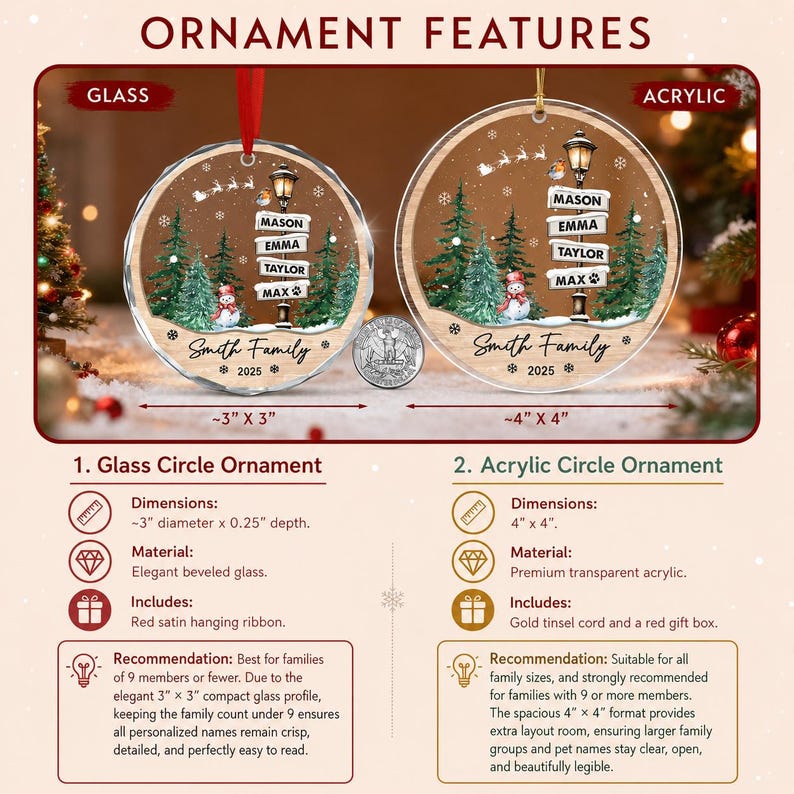 Two circular ornaments, one glass and one acrylic, featuring a winter scene with a street lamp, pine trees, a snowman, and a flying sleigh. The text reads Mason, Emma, Taylor, Max, Smith Family, and 2025.