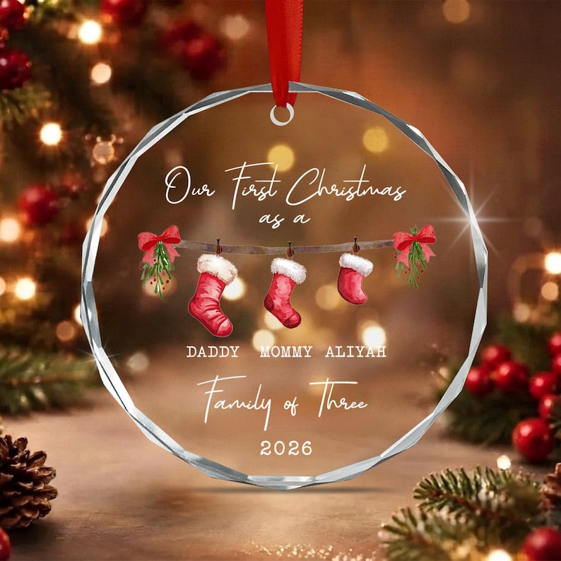 Family of 3 Stocking Glass Ornament