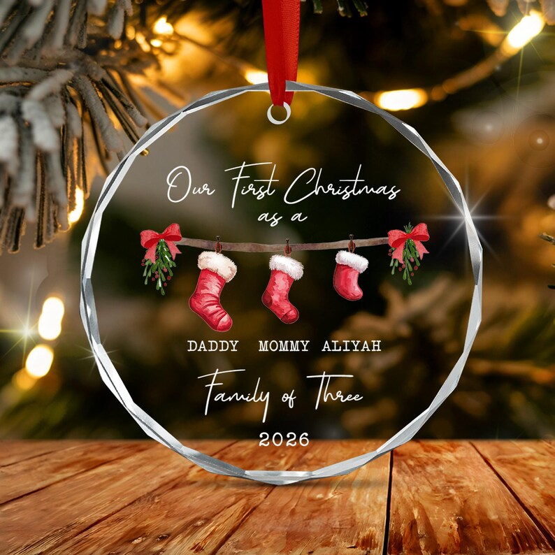 Family of 3 Stocking Glass Ornament